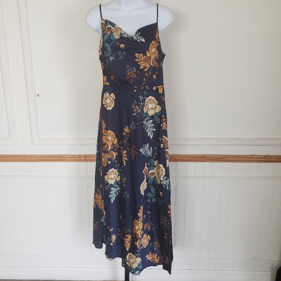 Petal & Pup Dresses & Skirts - SOLD Petal & Pump Women Dress 8 Doriah Navy Floral Midi Slit Cowl Neck Satin NEW